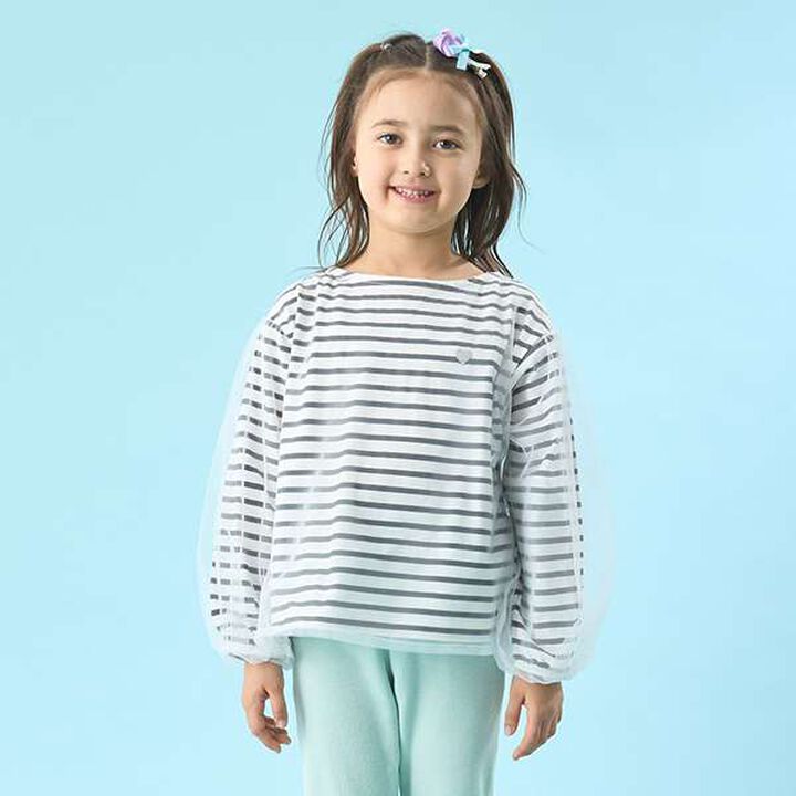 Soft Cotton Tulle Layered Stripe Boat Neck T-Shirt,Blue, medium image number 28