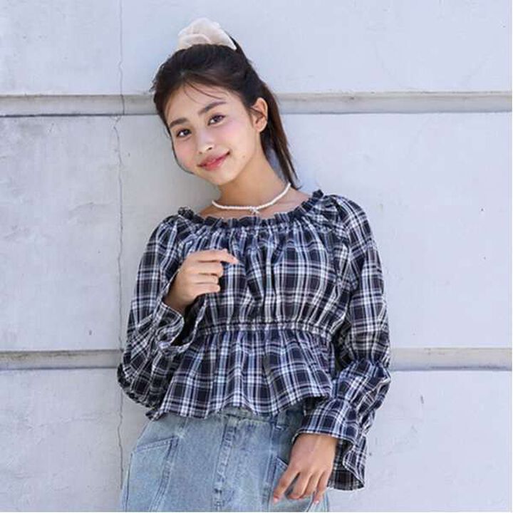 Checked Off-Shoulder Blouse,Brown, medium image number 11