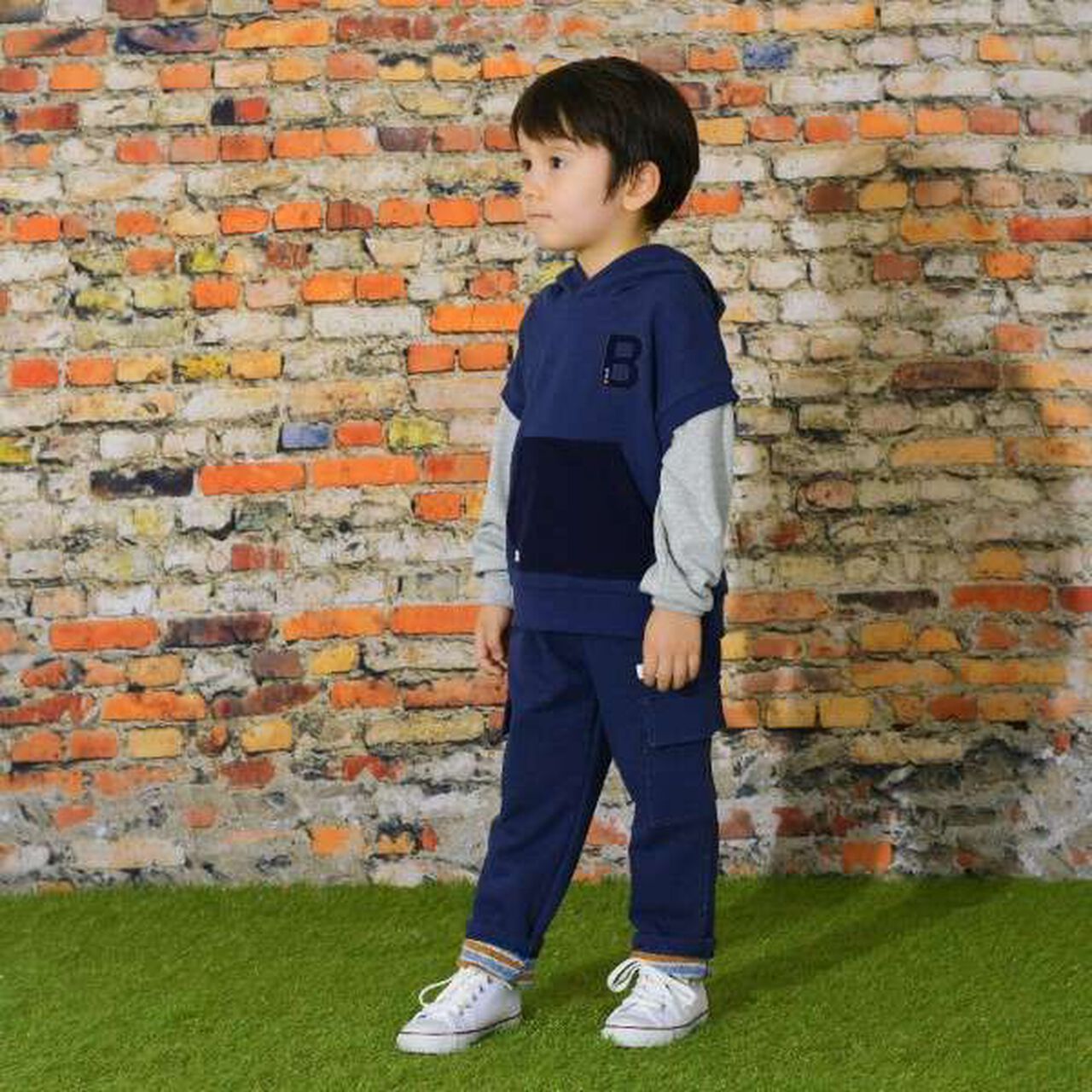 KP Boy Layered Style Hoodie Sweatshirt [110-160],Khaki, large image number 5