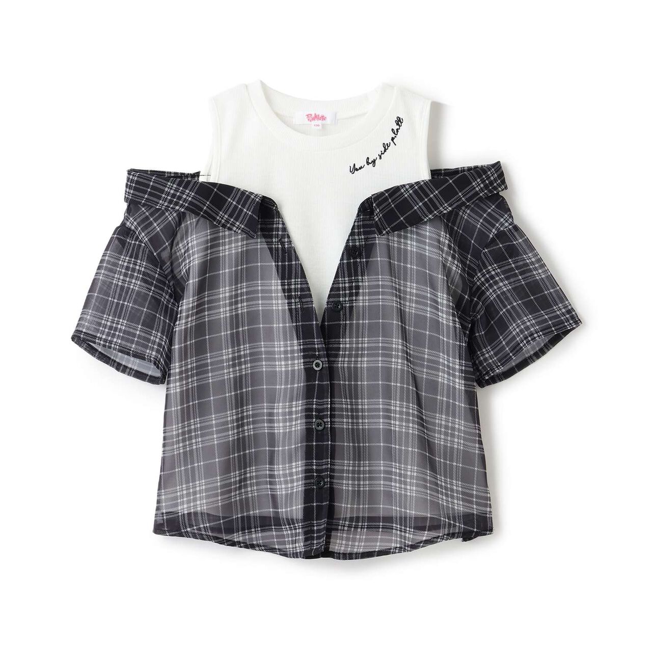 Shoulder Cutout Sheer Check Docking Shirt,Off white, large image number 11