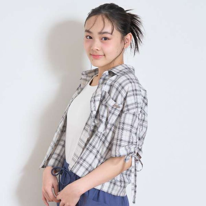 Drawstring Short-Sleeve Checkered Shirt,Blue, medium image number 2