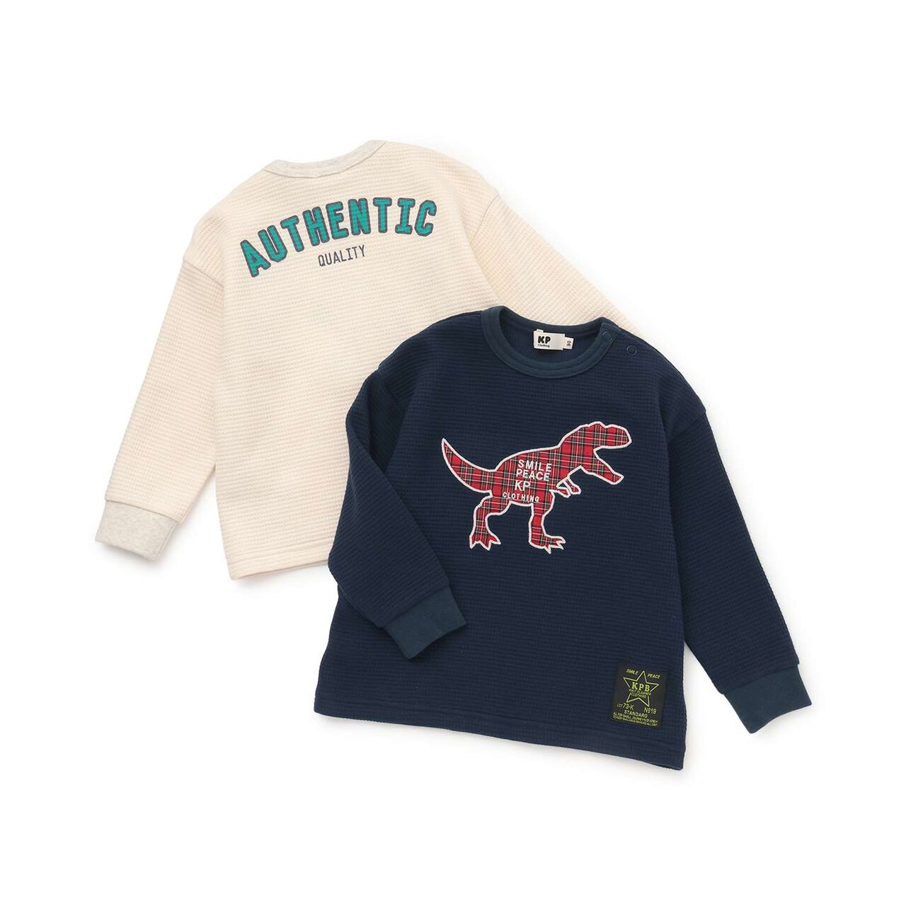 Checkered Dinosaur Appliqué Waffle Long-Sleeve T-Shirt,Navy, large image number 7