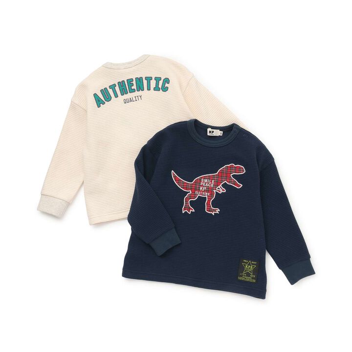 Checkered Dinosaur Appliqué Waffle Long-Sleeve T-Shirt,Navy, medium image number 7