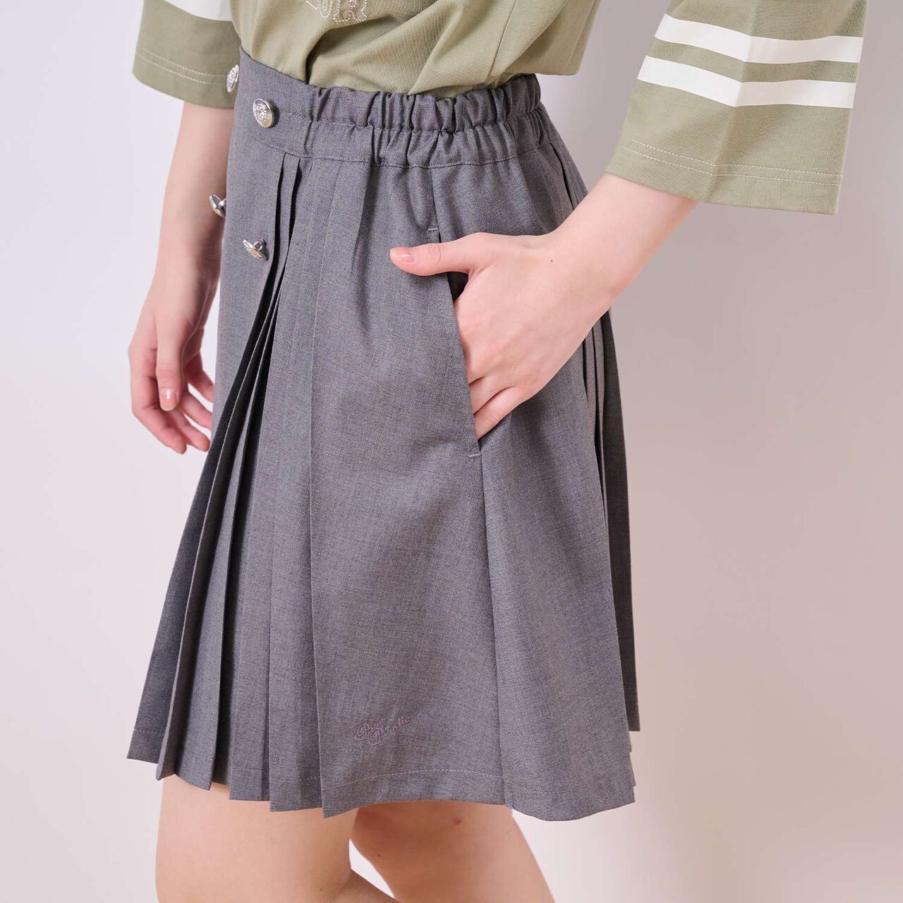 Button Pleated Skirt-Pants,Gray, large image number 12