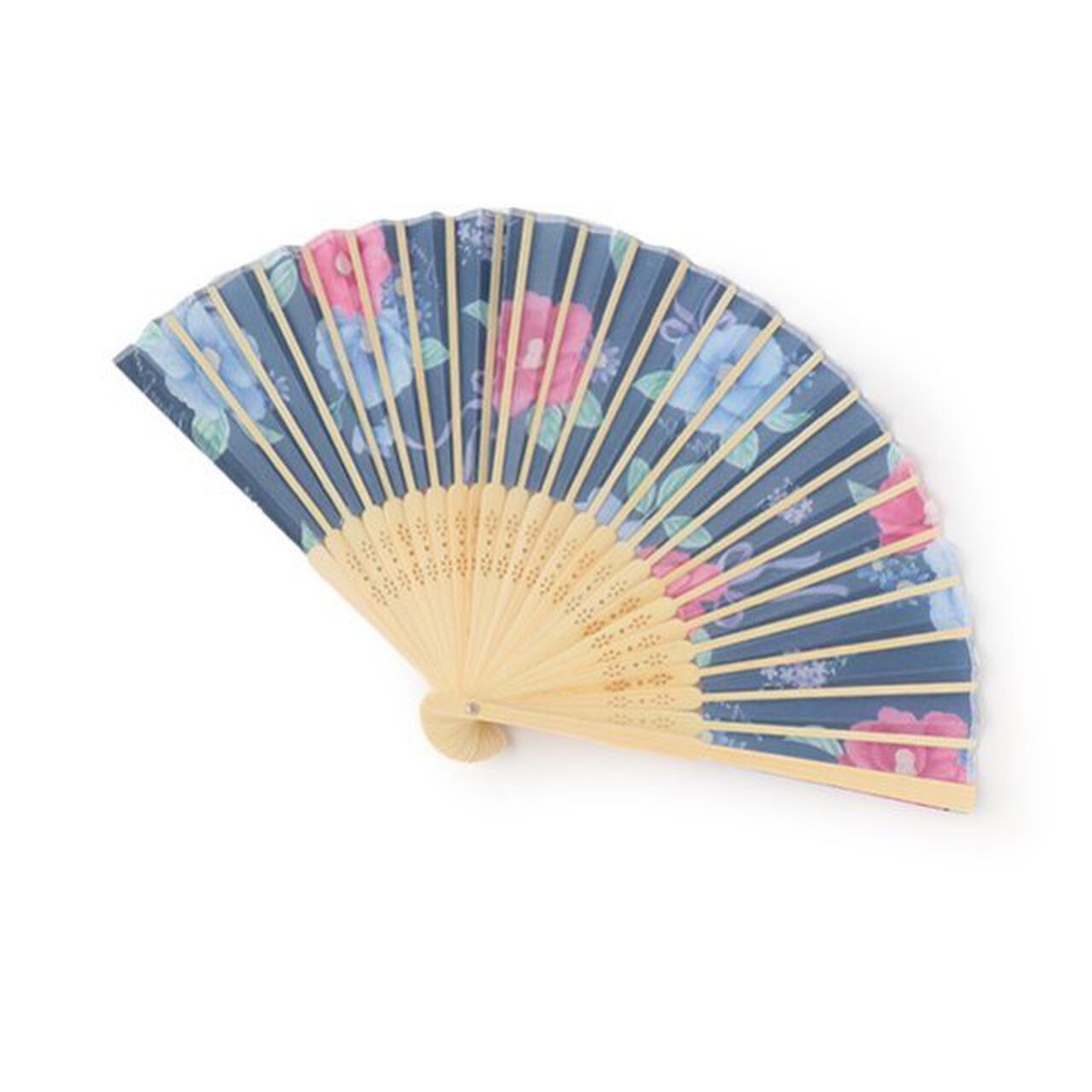 Camellia Pattern Folding Fan,Navy, large image number 1