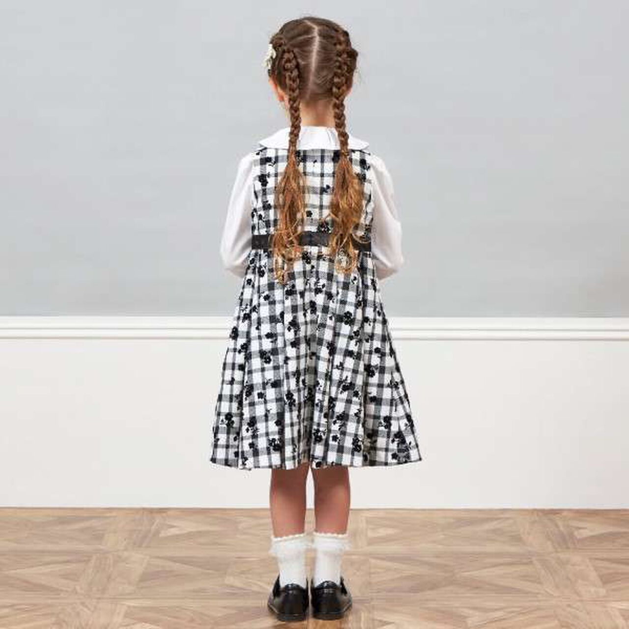 KP Check ON Flower Print Jumper Skirt (110-130),Black, large image number 2