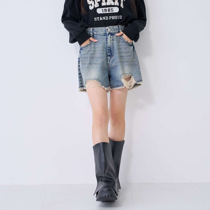 [LTXC] Sparkling Distressed Denim Shorts,, medium