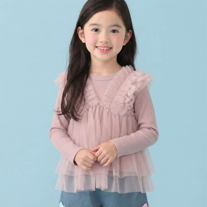 Tulle Bustier-Style Docked Long-Sleeve T-Shirt,, medium