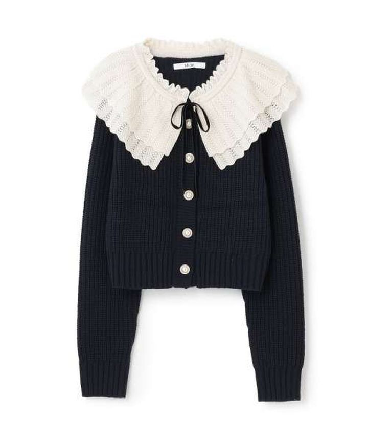 Frill Collar Pearl Button Cardigan [Korean Fashion],Navy, medium image number 4