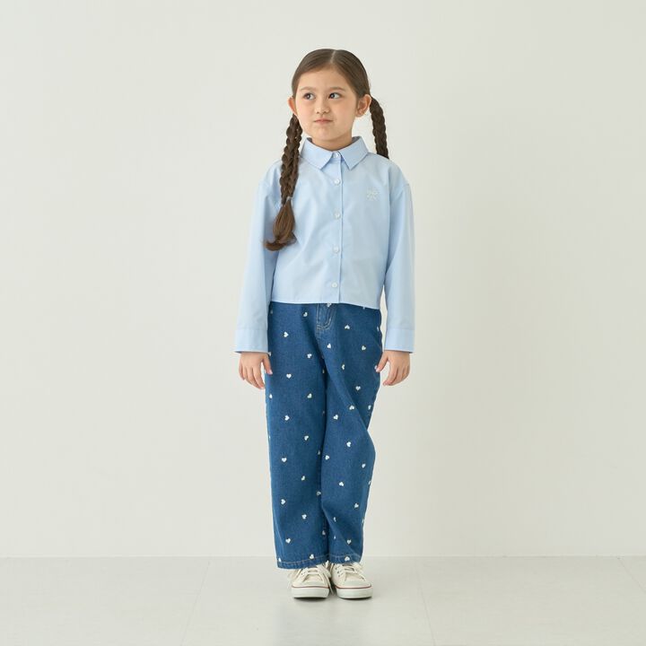 [Soft Denim] Heart Embroidered All-Over Pattern Barrel-Leg Pants for Girls [Kids],Blue, medium image number 1