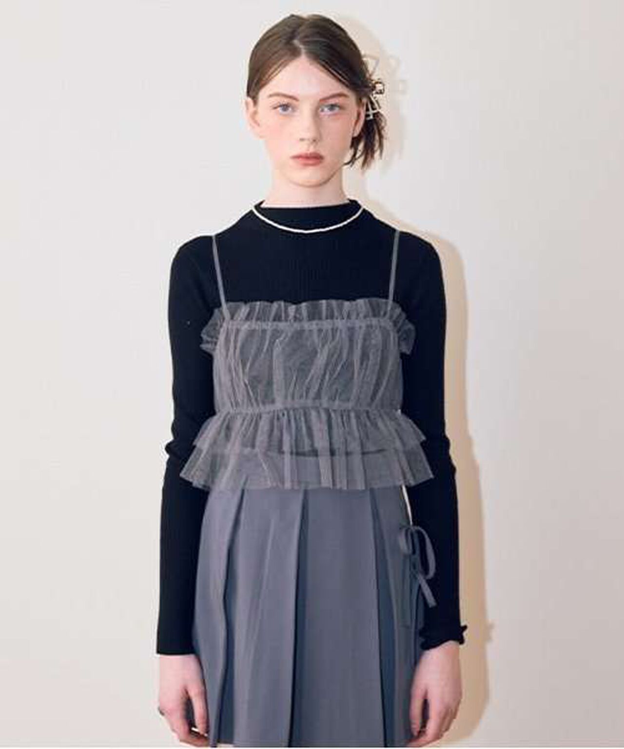 Tulle Bustier Knitwear Set,Brown, large image number 20