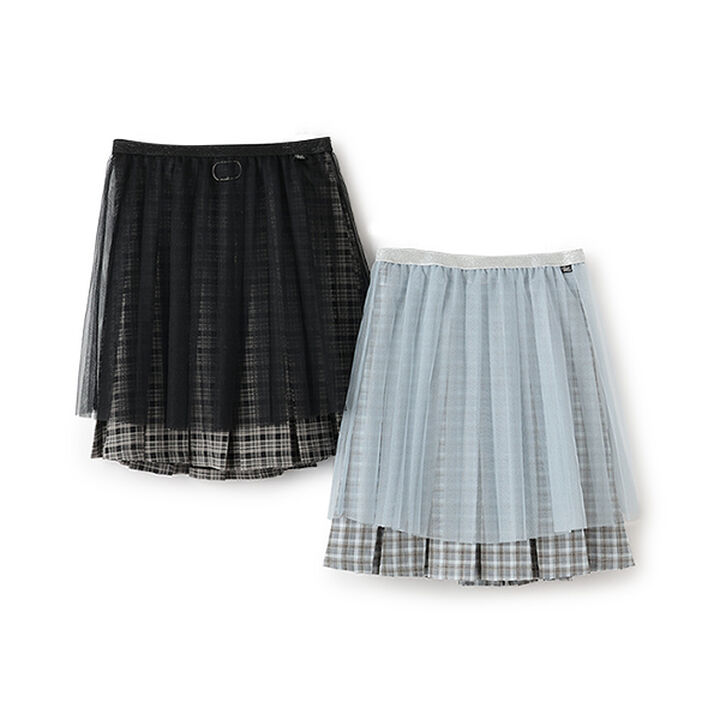 Checkered Box Pleated Skirt-Pants & Tulle Skirt Set,Black, medium image number 6