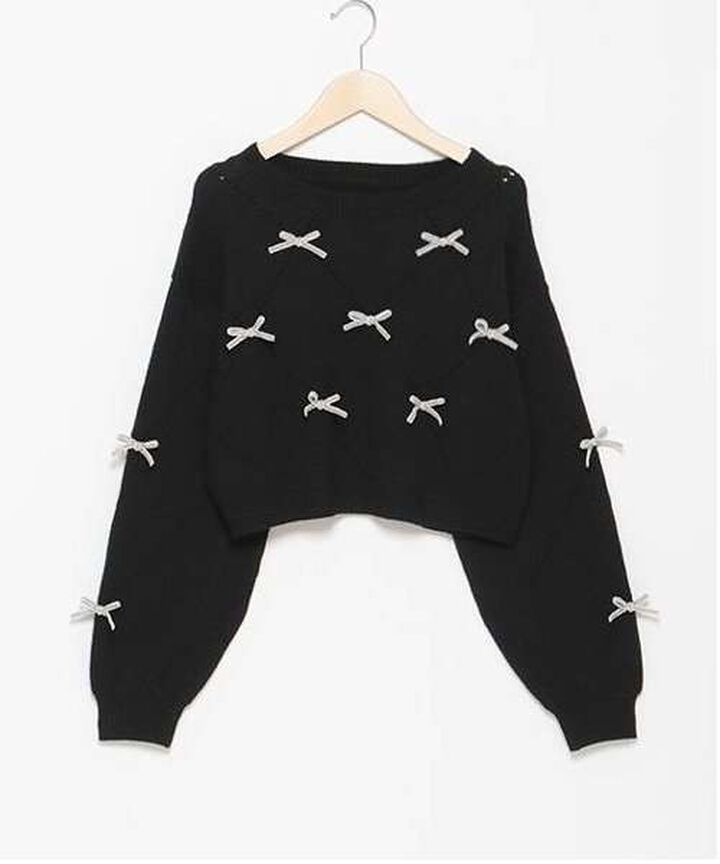 Ribbon Motif Diamond Knitwear,Black, medium image number 8