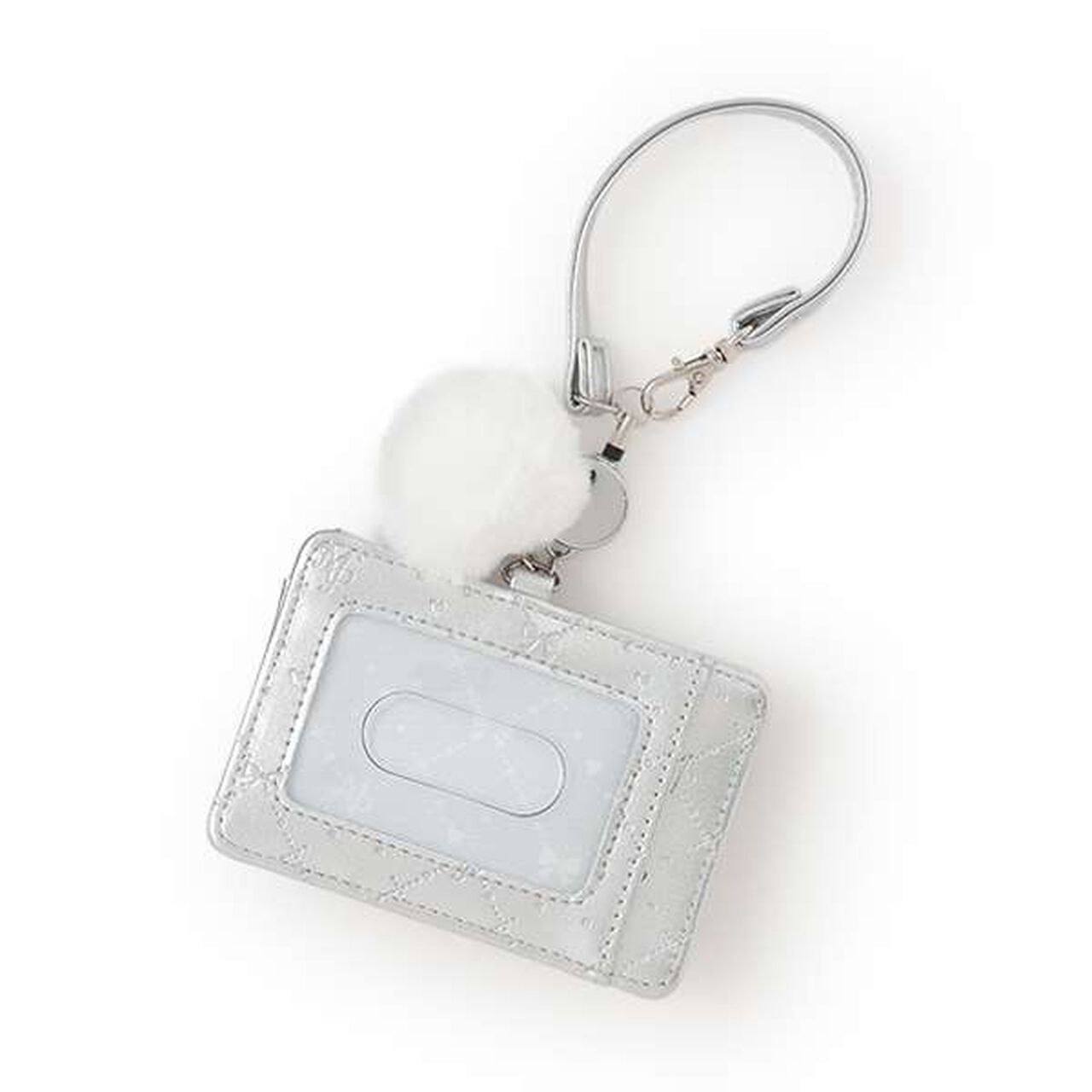Monogram Pattern Embossed Card Holder with Pom-Pom,Silver, large image number 1
