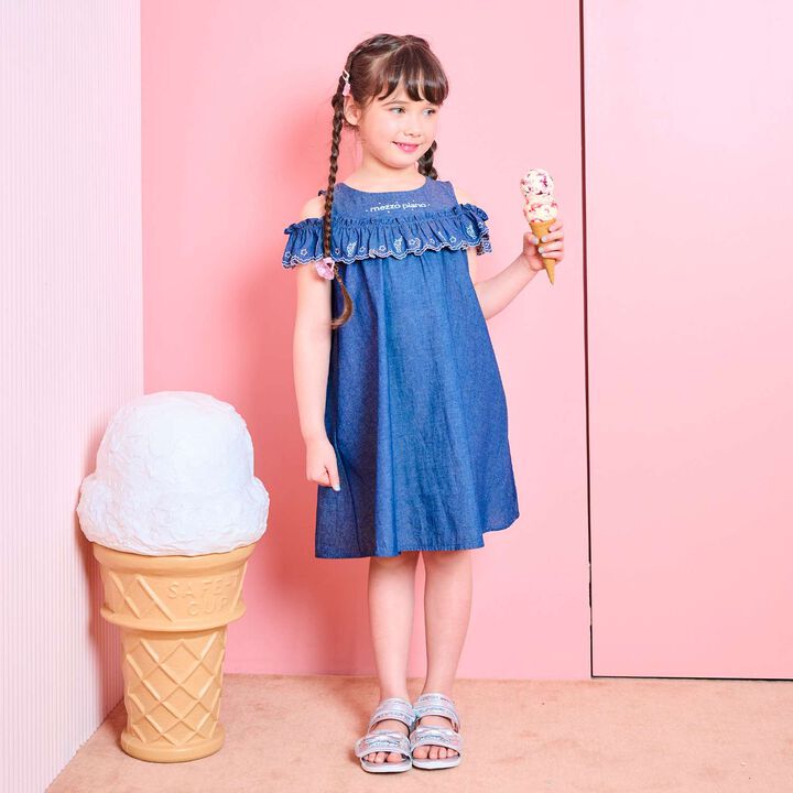 Cutwork Embroidery 2WAY Shoulder-Opening Denim One-Piece Dress [Cool Touch],, medium