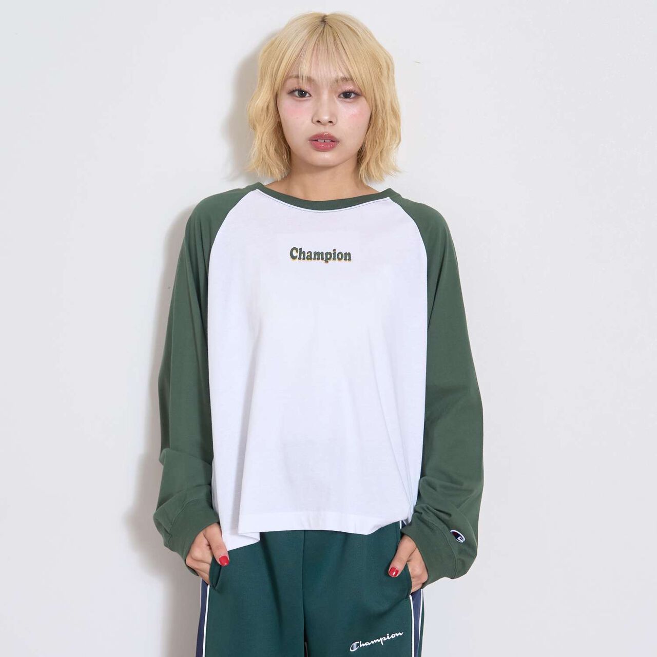 [Champion] 100% Cotton Raglan Long Sleeve T-Shirt,Green, large image number 2