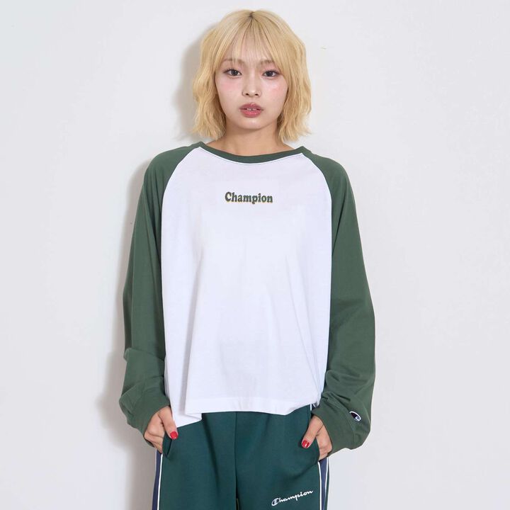 [Champion] 100% Cotton Raglan Long Sleeve T-Shirt,Green, medium image number 2