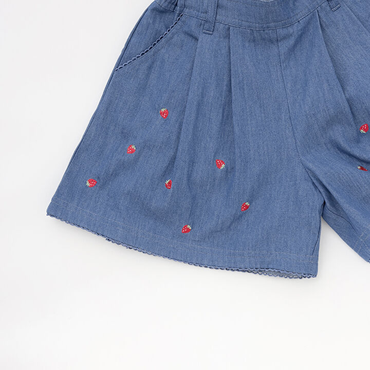 Denim Gingham Strawberry Embroidery Culotte Skirt,Navy, medium image number 6