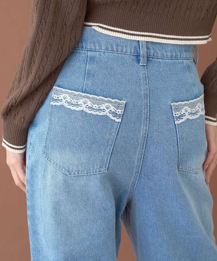 Lace Pocket Denim Pants,Deep blue, medium image number 3