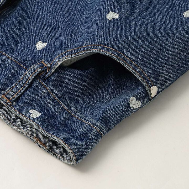 [Soft Denim] Heart Embroidered All-Over Pattern Barrel-Leg Pants for Girls [Kids],Blue, medium image number 15