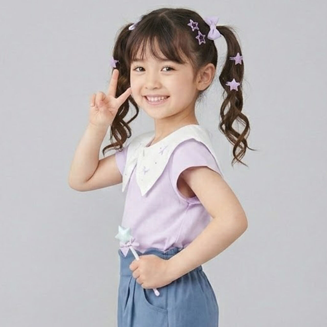 Big Ribbon Collar Frill Sleeve Tunic,Lavender, large image number 1