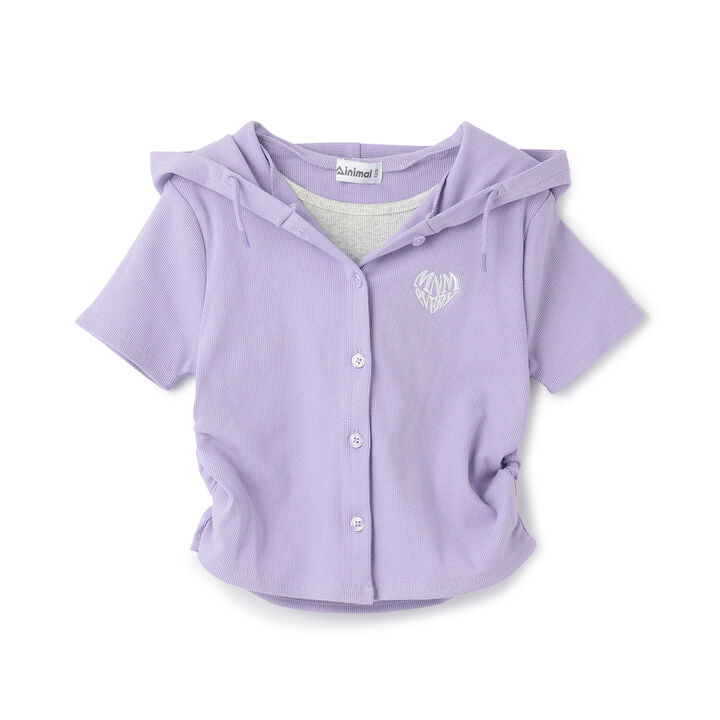 Ribbed Fabric Faux Layered Short-Sleeve Hoodie,Lavender, medium image number 0