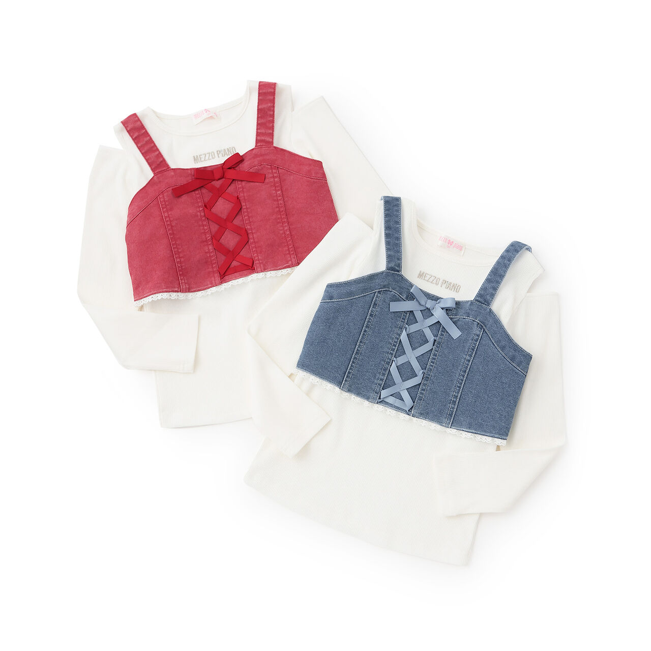 Lace-Up Ribbon Bustier & Long-Sleeve T-Shirt Set,Sax blue, large image number 10