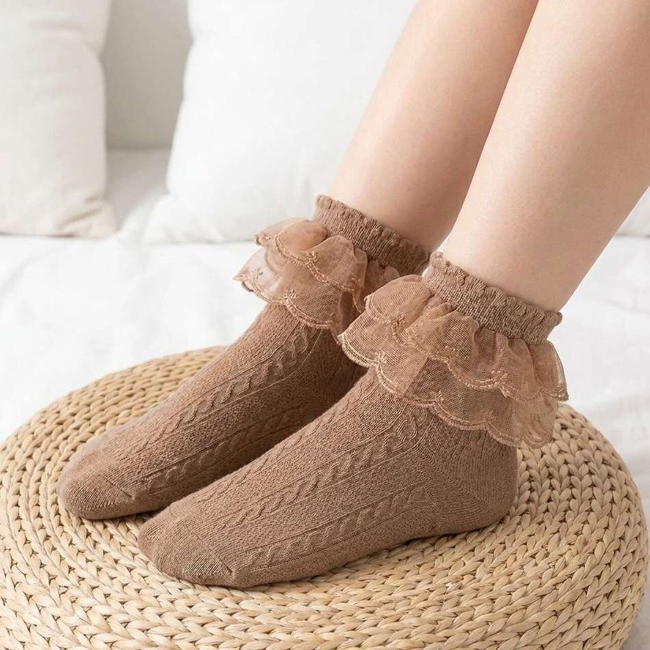 Lace-Trimmed Socks,Brown, large image number 0