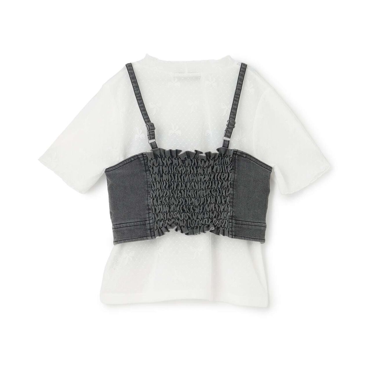 [Restocked] Denim Bustier & Lace Short Sleeve T-Shirt Set,Light blue, large image number 1