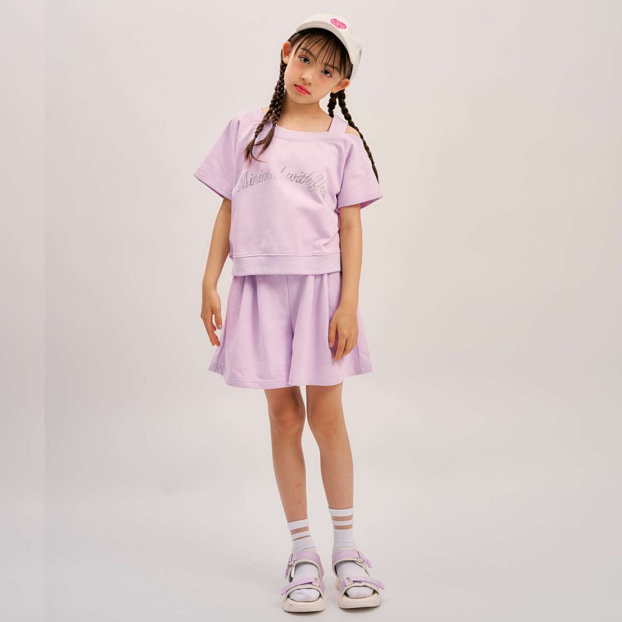 Rhinestone Logo One-Shoulder T-Shirt Outfit Set,Lavender, large image number 0