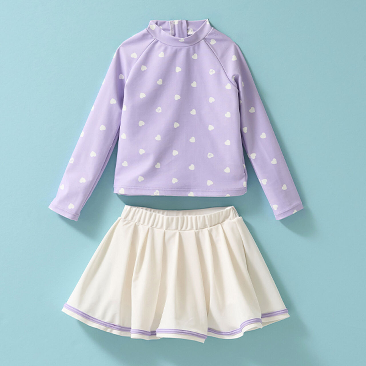 [SWIM] [UV Processing] Heart Pattern Rash Guard & Pleated Skirt Set,Ivory, large image number 10
