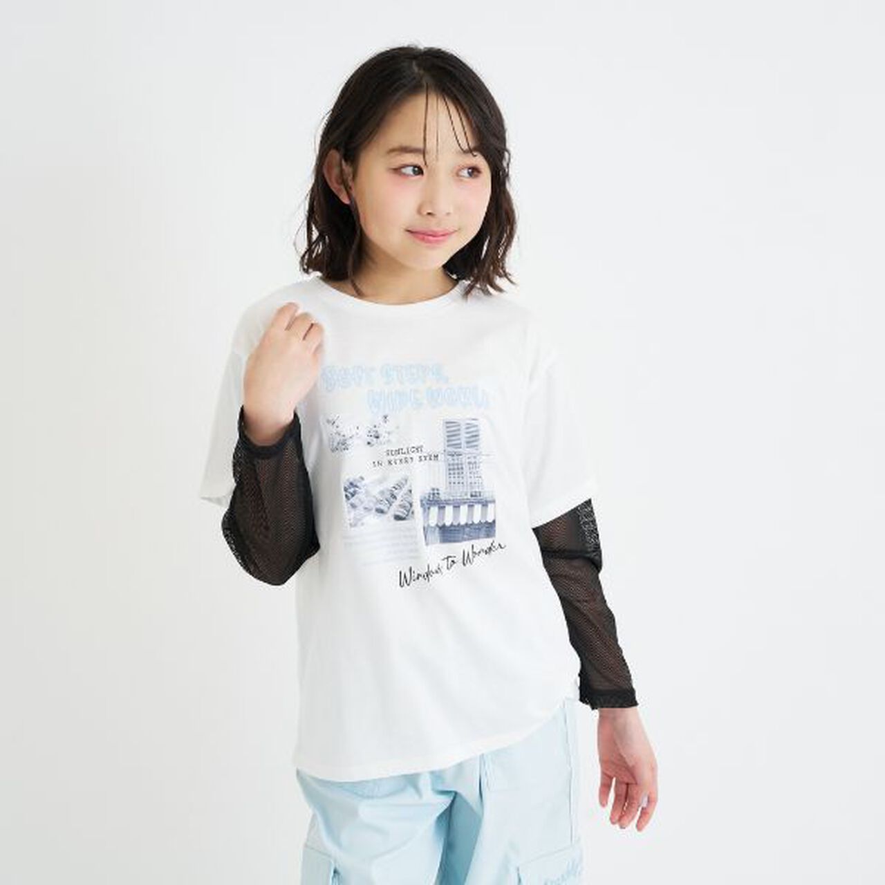 Mesh Sleeve Combination Big T-Shirt,Off white, large image number 0