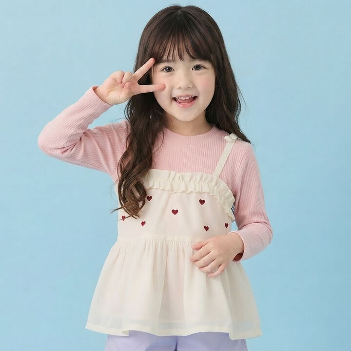 Heart Embroidered Frill Bustier Docking T-Shirt,Lavender, medium image number 3