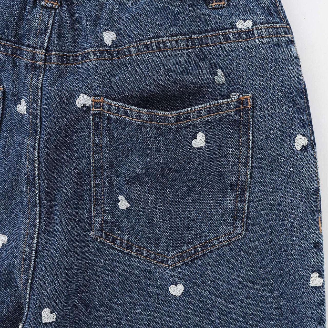 [Soft Denim] Heart Embroidered All-Over Pattern Barrel-Leg Pants for Girls [Kids],Blue, large image number 17