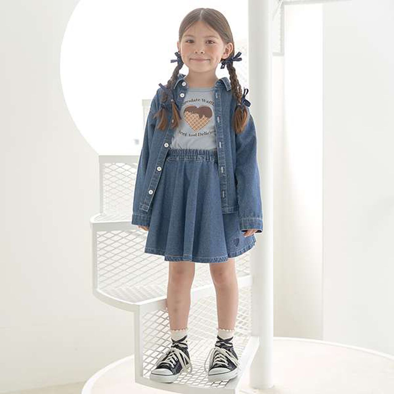 Soft Denim Heart Embroidery Flare Skirt,Blue, large image number 8