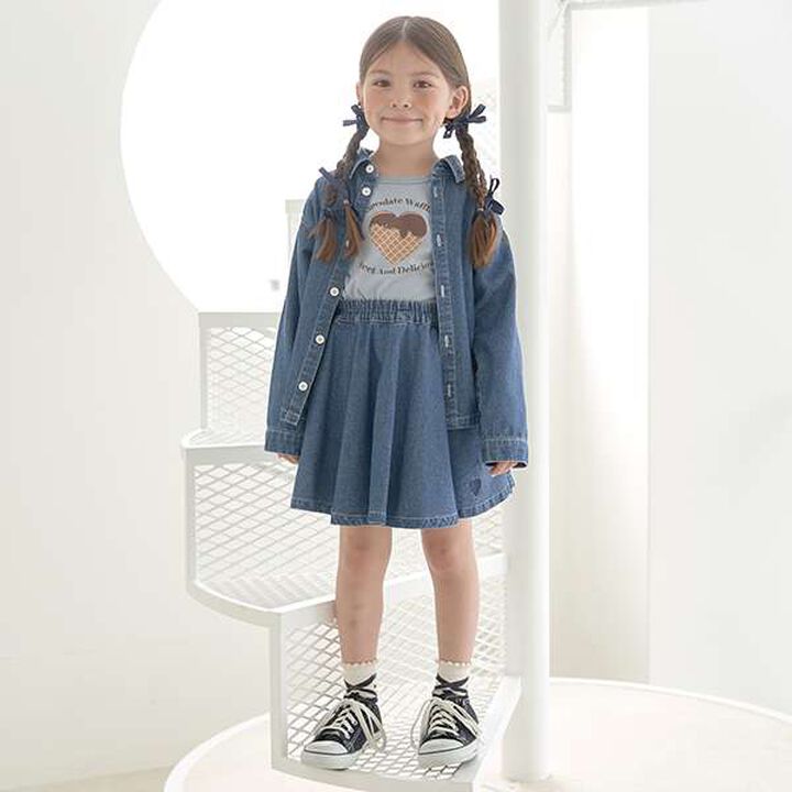 Soft Denim Heart Embroidery Flare Skirt,Blue, medium image number 8