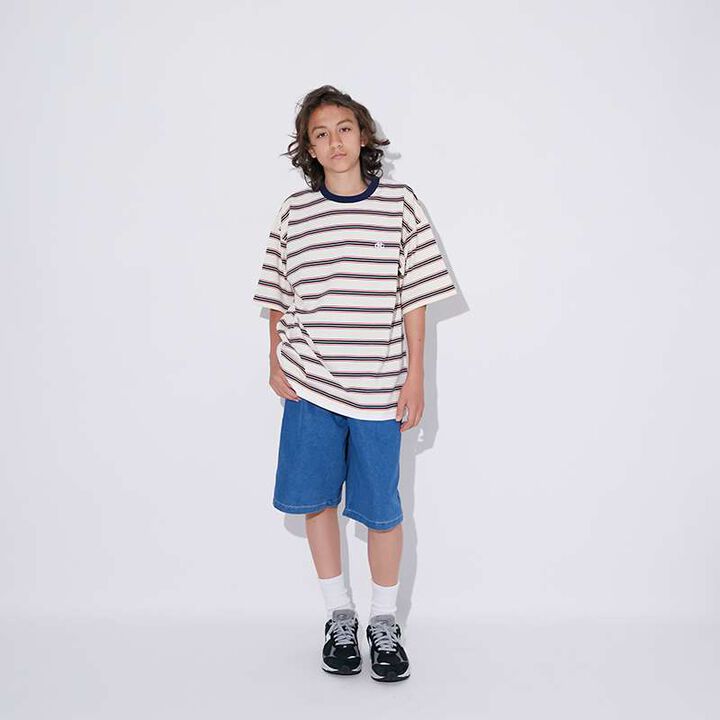 Stripe Pattern One-Point Embroidery Layered Big Short Sleeve T-Shirt,Navy, medium image number 9
