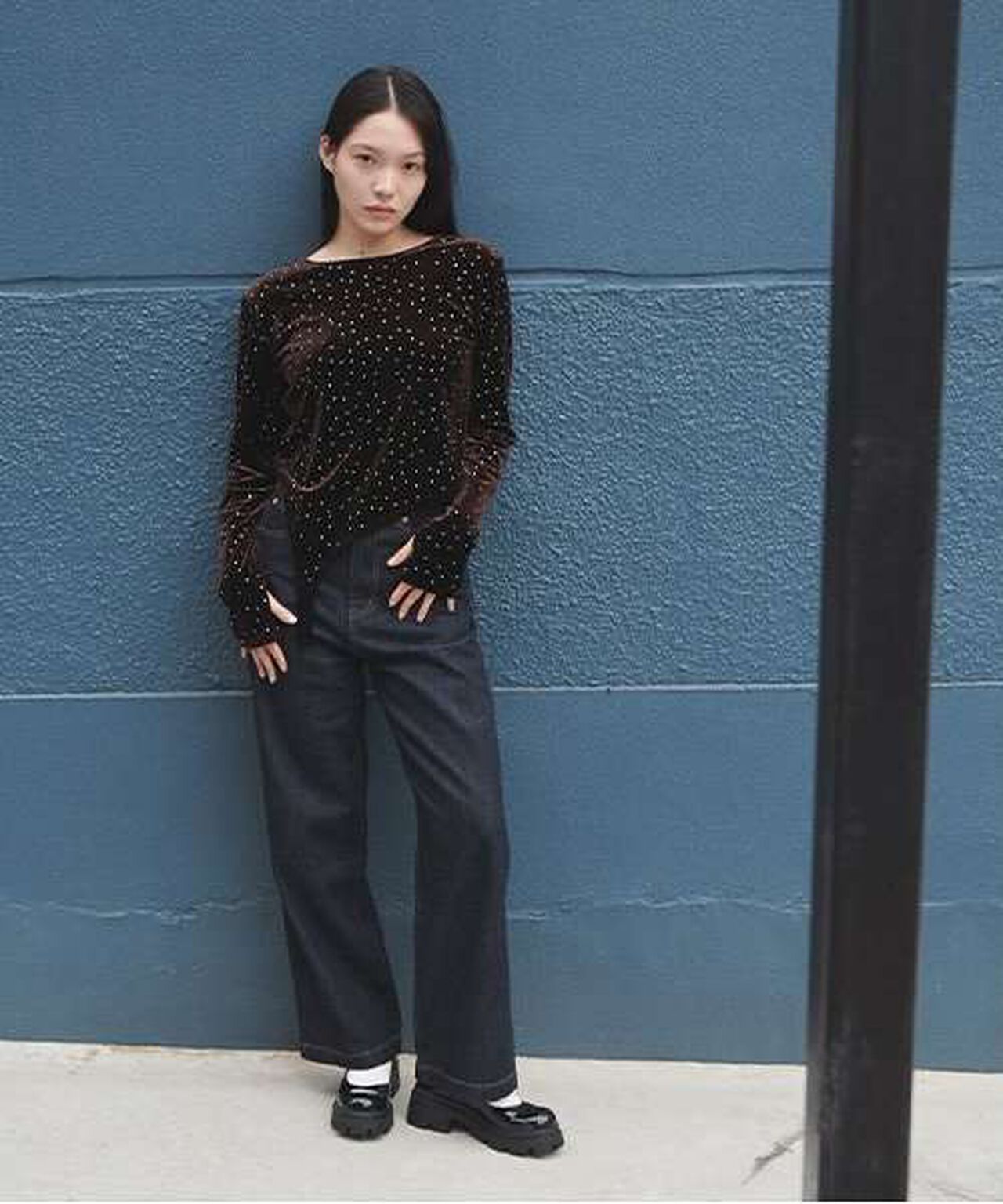 Velour Sequin Pullover,Blue gray, large image number 12