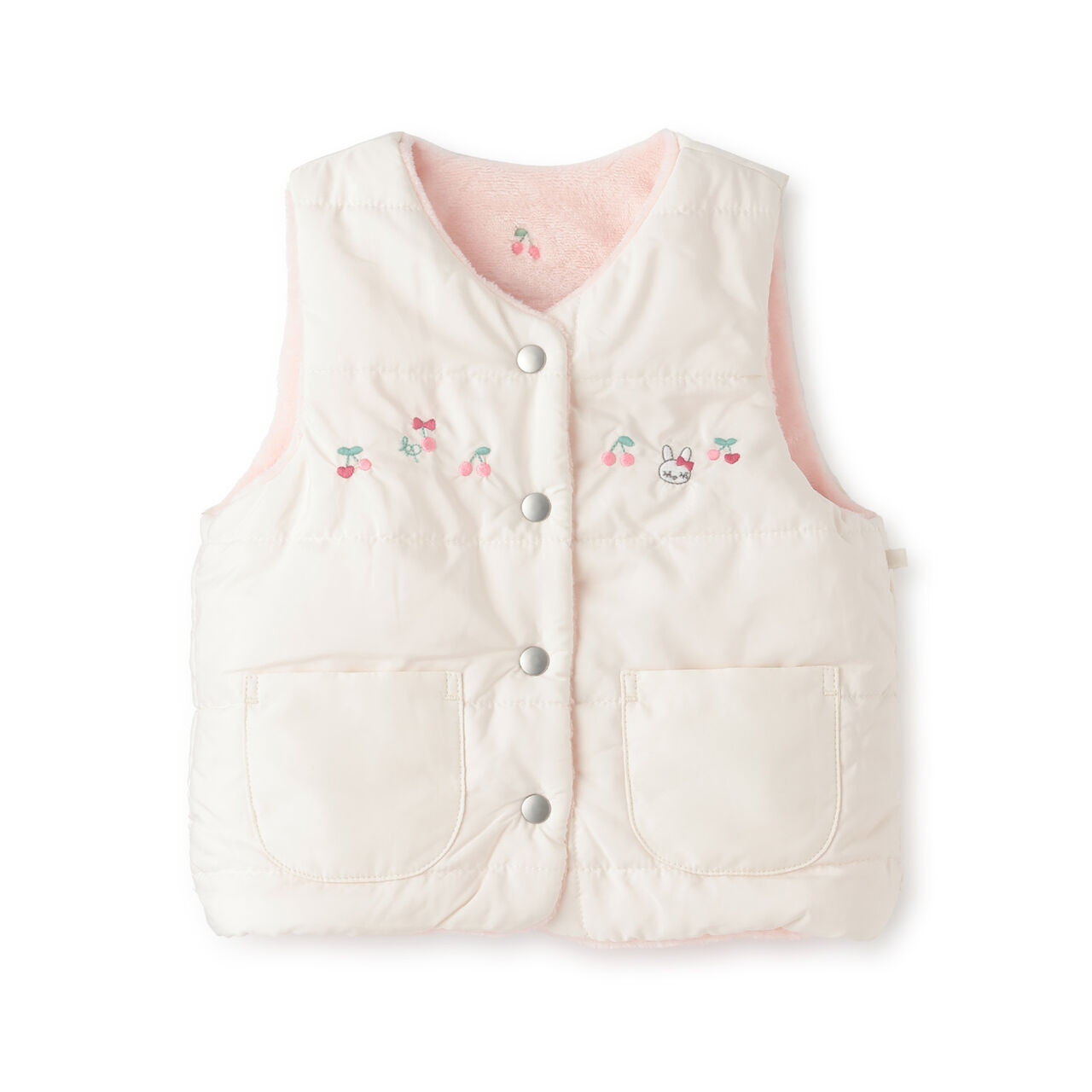 [Reversible] Cherry Embroidered Taffeta &times; Fleece Padded Vest,Pink, large image number 0