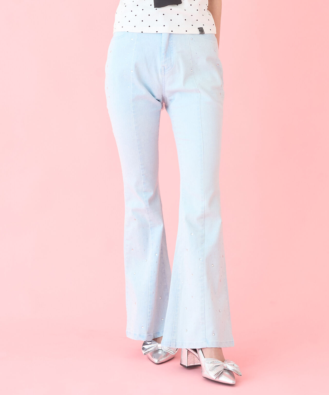 Back Ribbon Stone Flare Denim Pants,Light blue, large image number 0