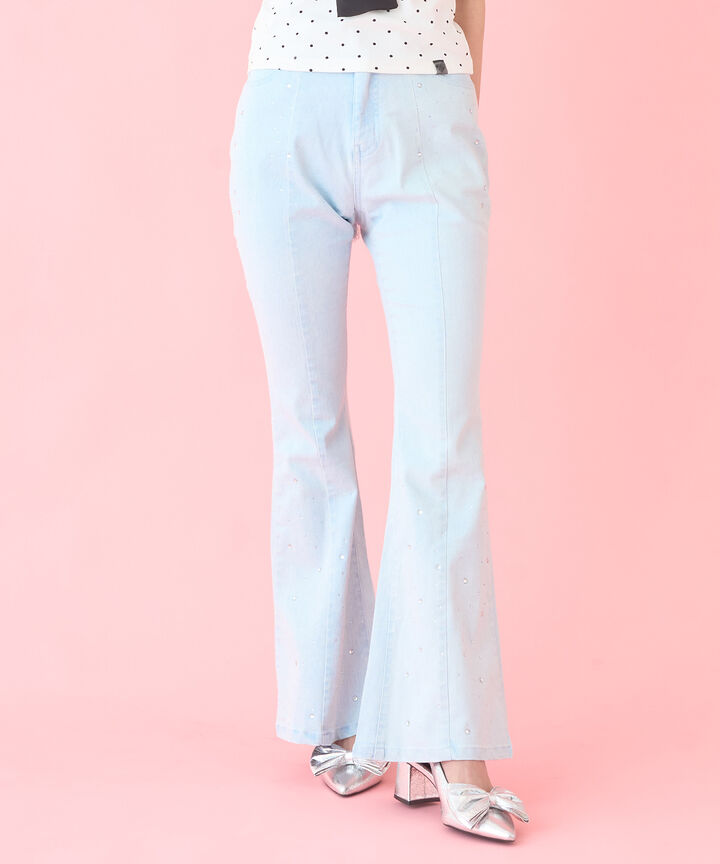 Back Ribbon Stone Flare Denim Pants,, medium