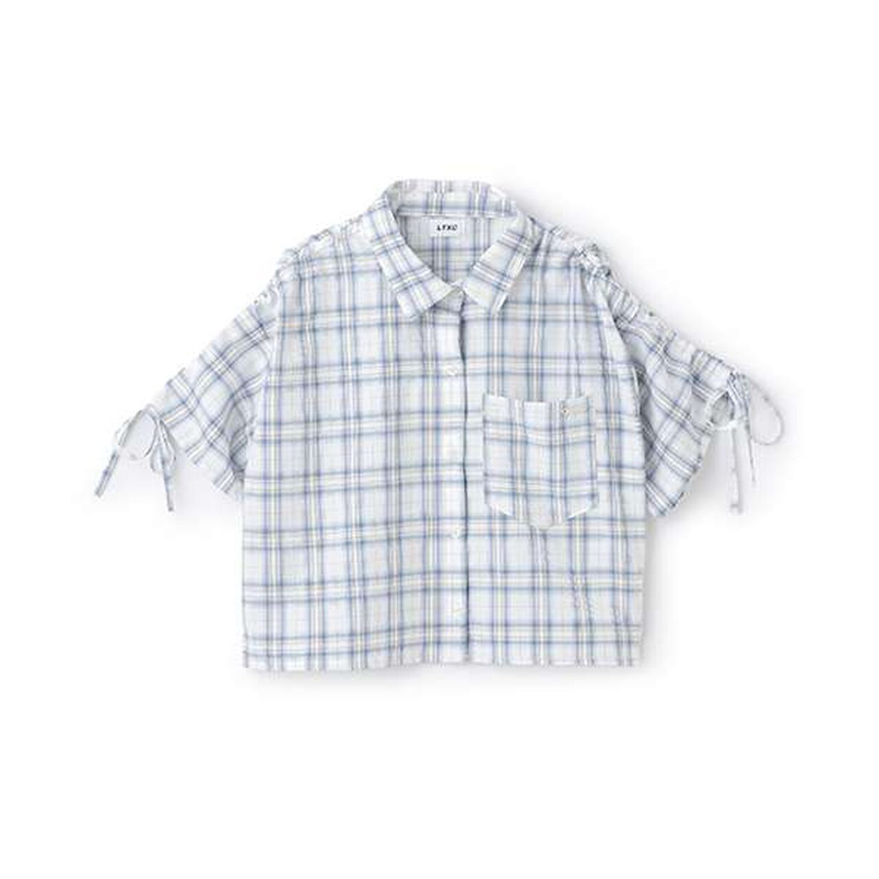 Drawstring Short-Sleeve Checkered Shirt,Blue, large image number 7