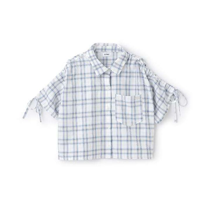 Drawstring Short-Sleeve Checkered Shirt,Blue, medium image number 7