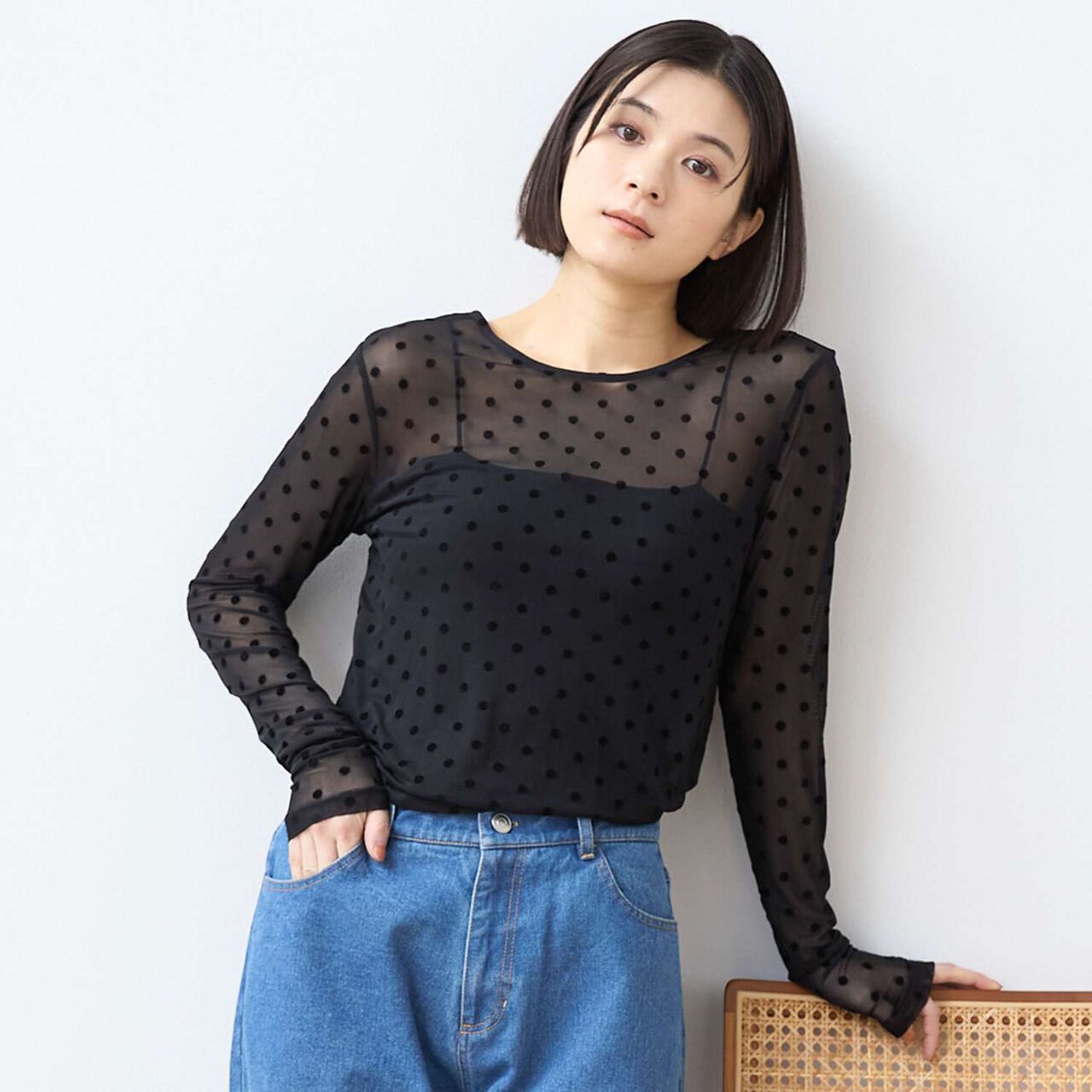 [Formal] 2-Way Sheer Dot Top,Black, large image number 0