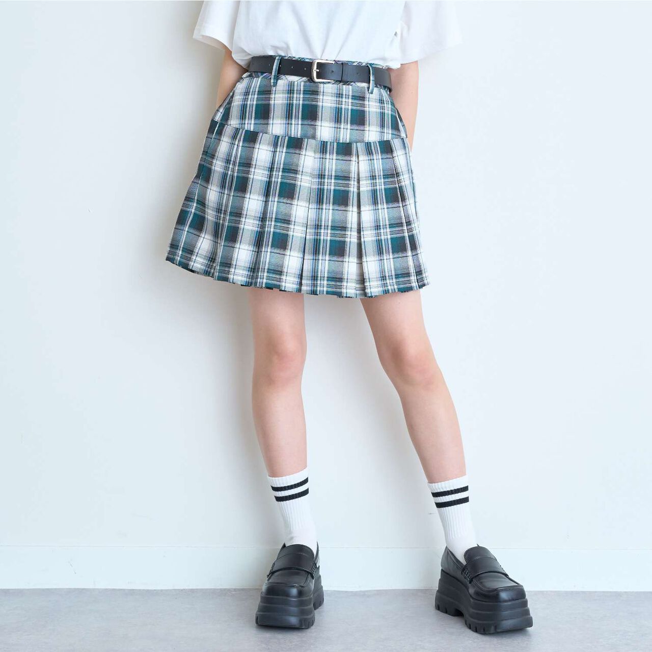 [Easy Care] Check Pleated Skirt with Belt,Pink, large image number 5