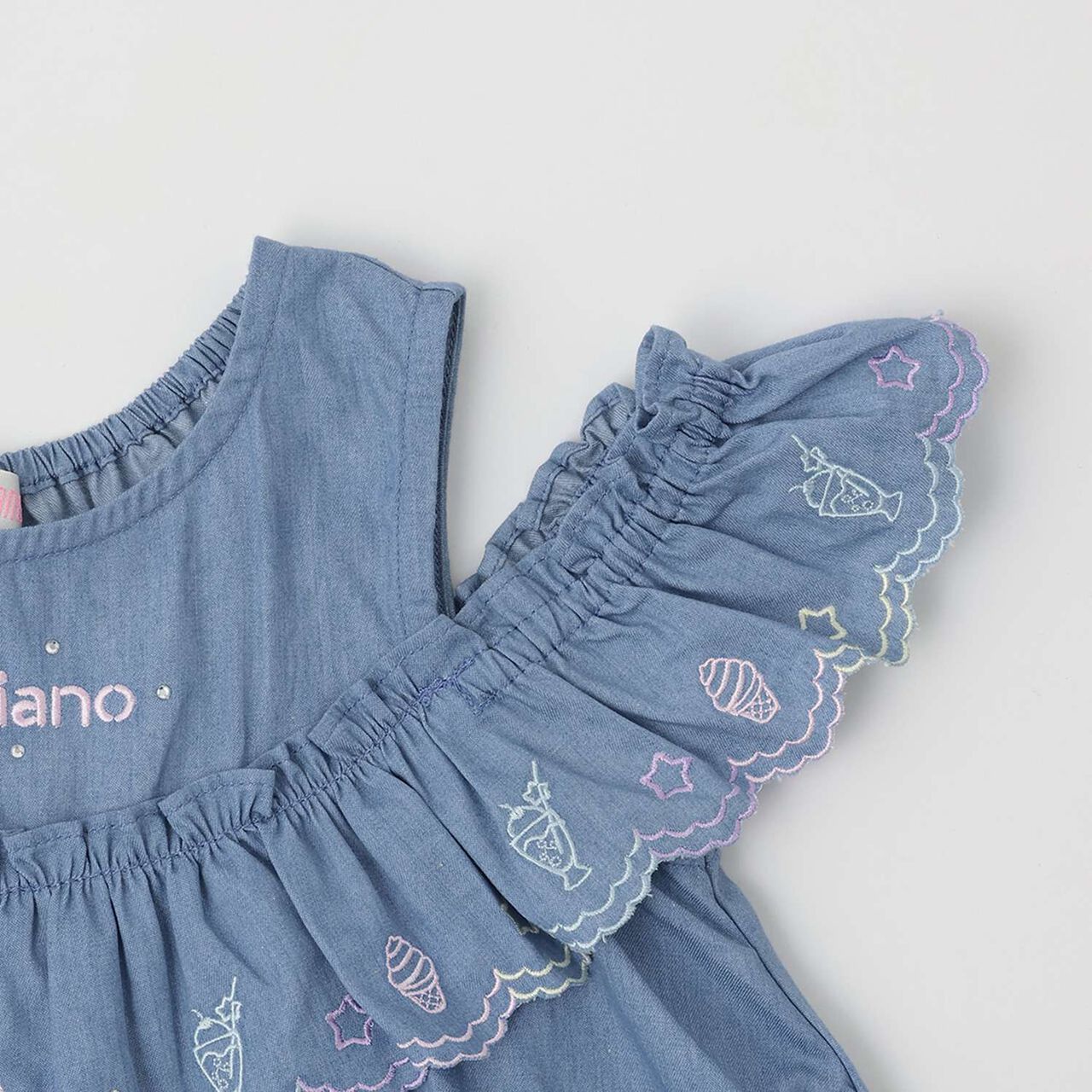 Cutwork Embroidery 2WAY Shoulder-Opening Denim One-Piece Dress [Cool Touch],Sax blue, large image number 8