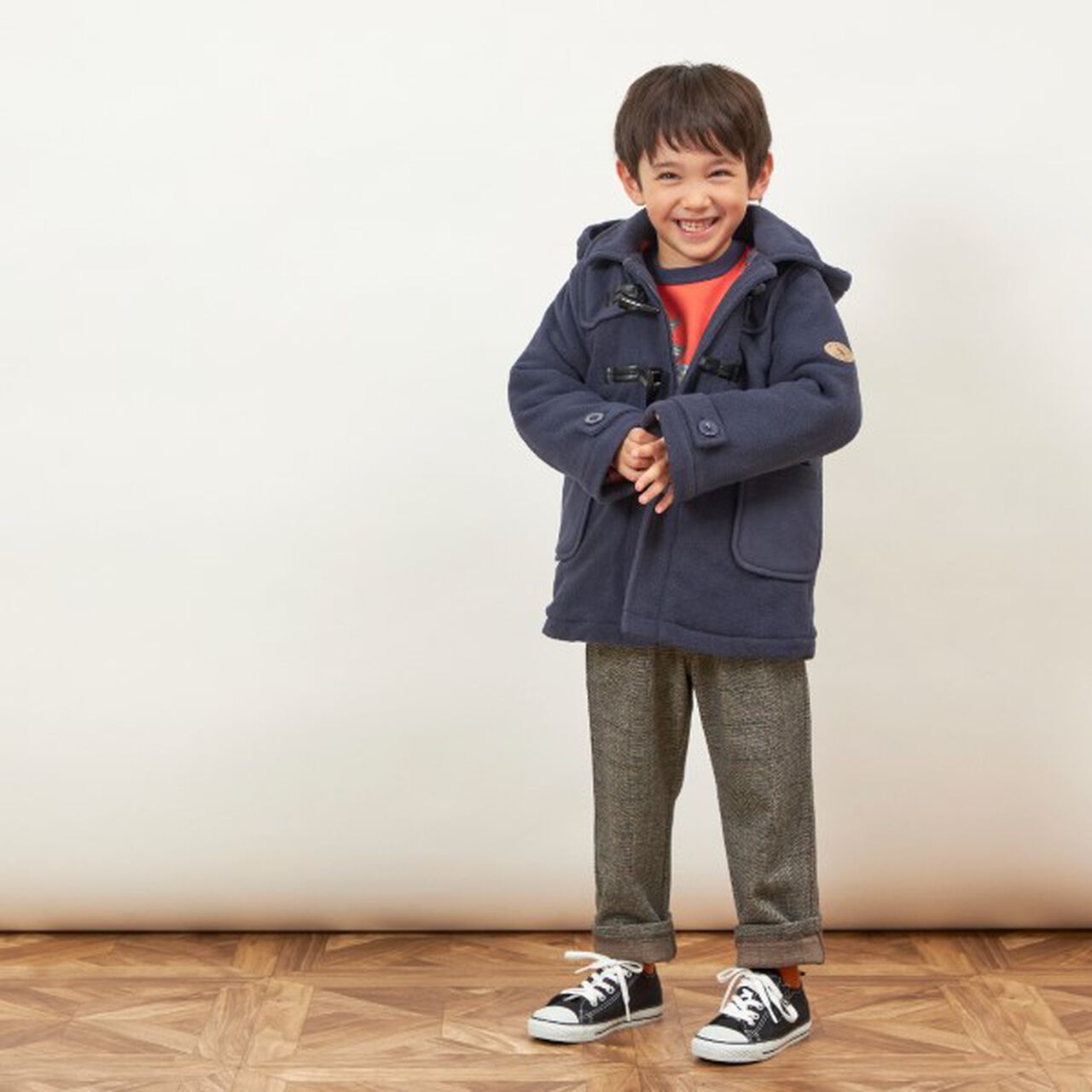KP Boy Fleece Checkered Duffle Coat [90-130],Navy, large image number 10