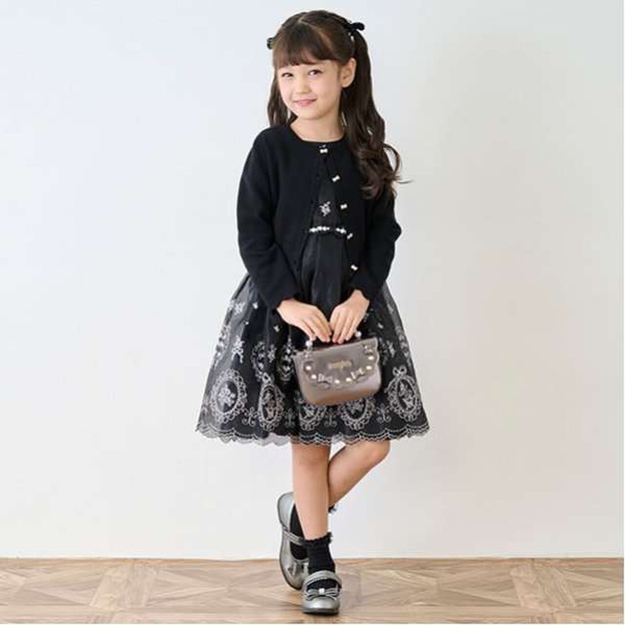 Rose Embroidery Organza One-Piece Dress,Black, large image number 9