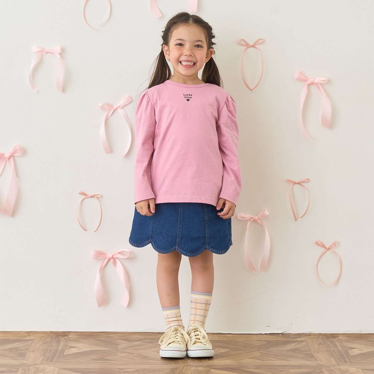 Stretch Denim Scallop Trim Skirt with Shorts,Sax blue, large image number 26