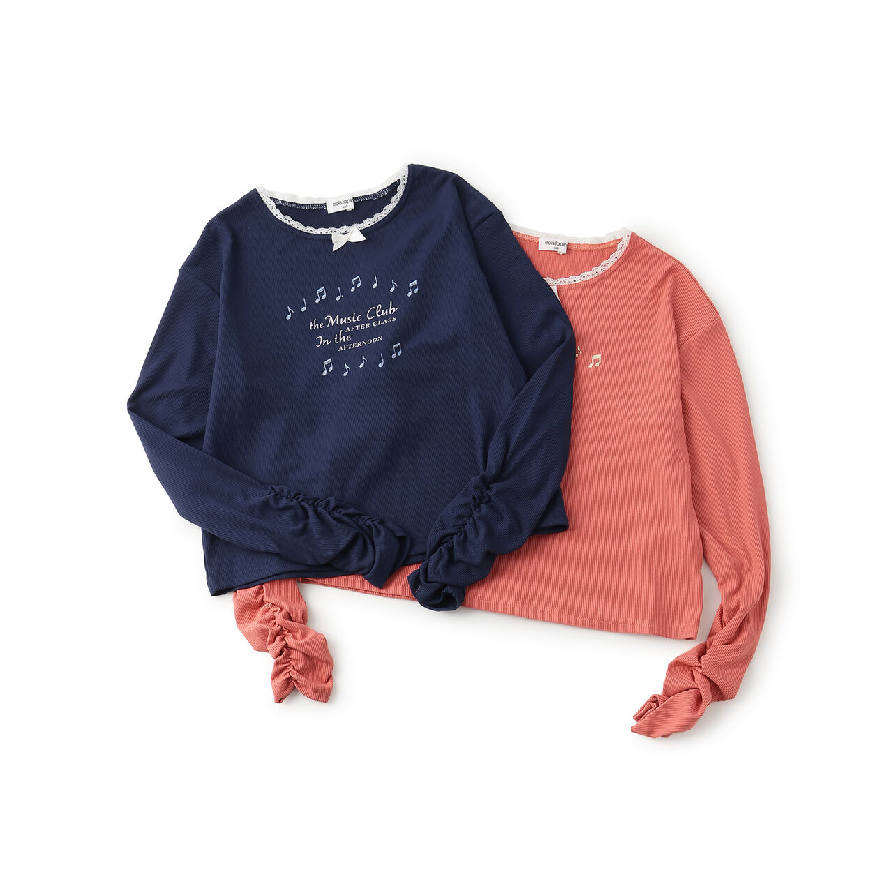 [Three Rabbits] Lace-Collared Ribbed Long-Sleeve T-Shirt,Navy, large image number 6